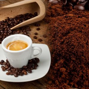 Fotobanner mit drei Esporessotassen und Kaffebohnen